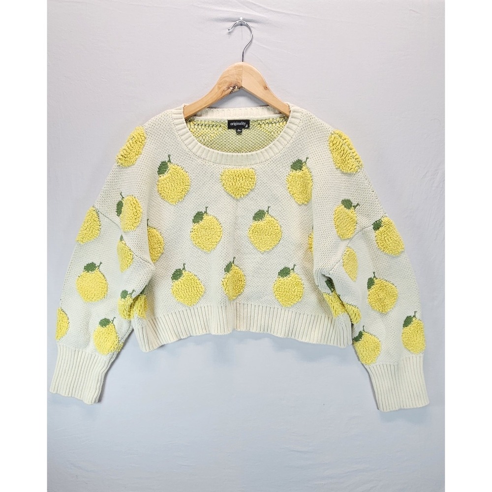 Originality Lemon Sweater‎ Womens L Cropped Fruit Knit Cottagecore Cute